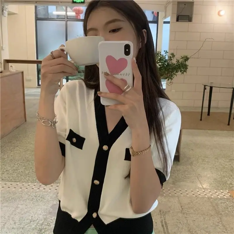 Women Clothing Fashion Sweet Solid Patchwork Cardigan Summer Elegant V-neck Short Sleeve Knit Shirt Thin Slim Button Tops