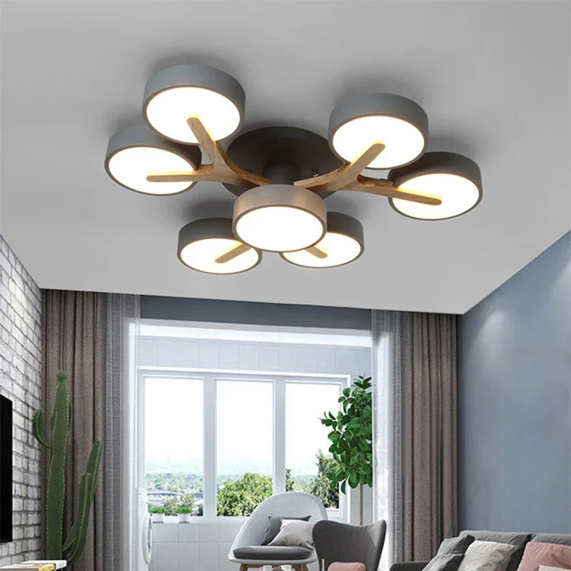 Nordic Macaron LED Ceiling Light Wood Art For Living Dining Bedroom Kitchen Chandelier Indoor Home Decor Lighting Fixture Luster