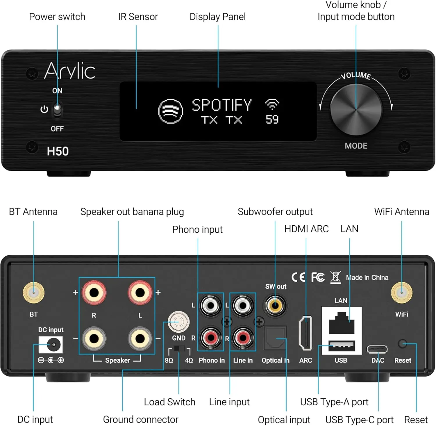 Arylic H50 WiFi Bluetooth 5.2 HiFi Amplifier 50W×2 AirPlay 2 Spotify Tidal Connect HDMI ARC Phono USB DAC Multiroom Amp - view 3
