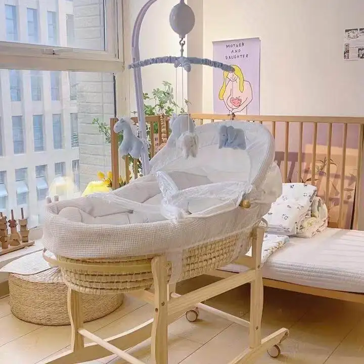 Baby Crib Mose Basket for Newborns with Wooden Folding Stand,Rocking Bedside Bassinet for Baby with Soft Mattress