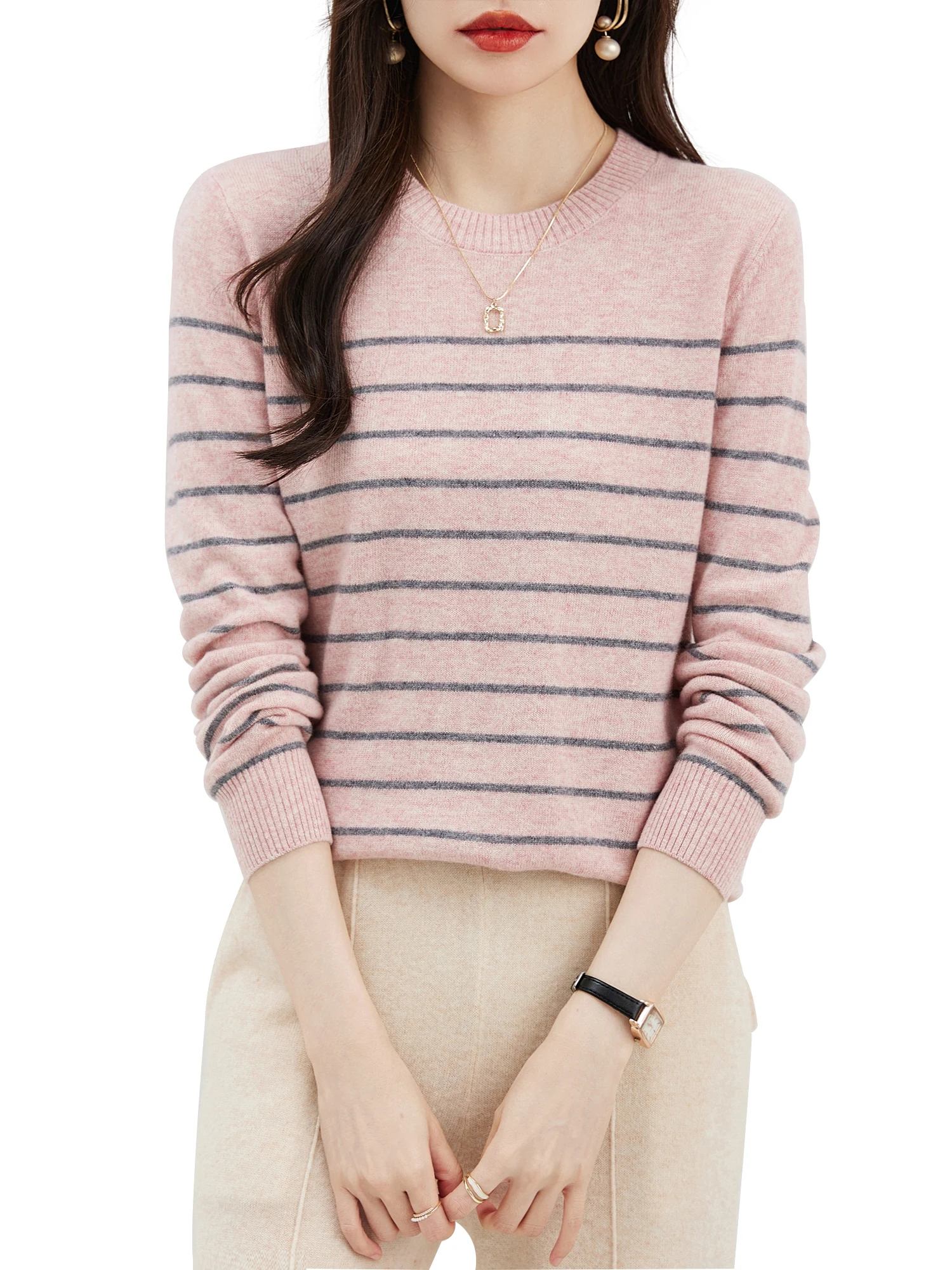 EU Size Women's Sweater 100% Merino Wool Crewneck Sweater 2023 Fall Winter Warm Tops Long Sleeve Striped Casual Knitted Pullover