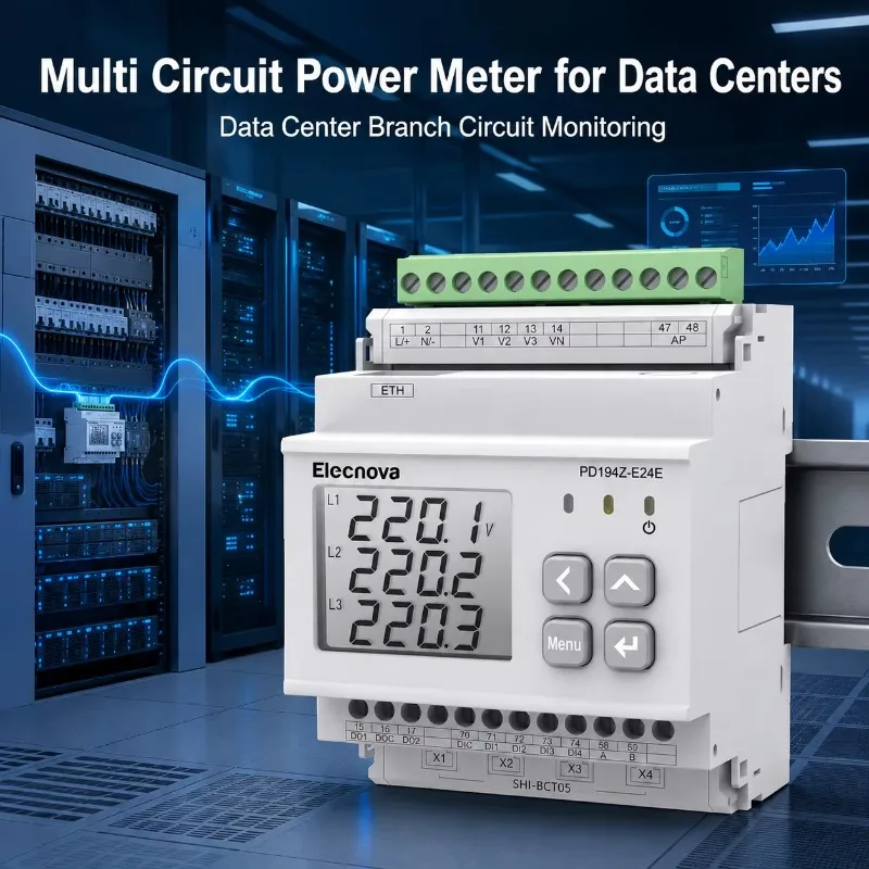 12CH Data Center Branch Circuit Power Meter 1-Phase 4CH 3-Phase Multi Circuit Class 0.5S Power Quality 12,000 Historical Records