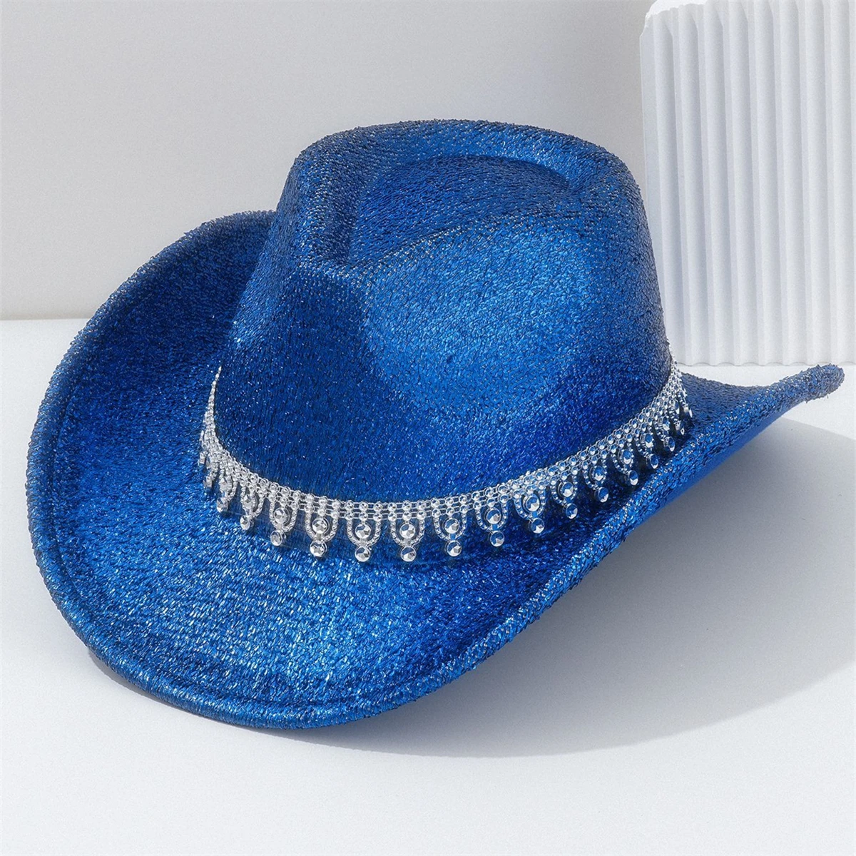 A Lady Western cowboy hat with Rhinestone ribbons sparkled silver jazz hat of all seasons for men to party in retro felt hats