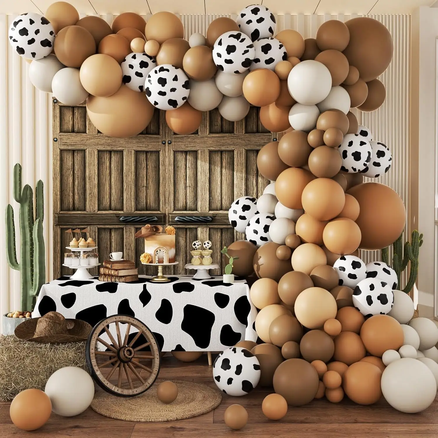 141-teiliges Western-Cowboy-Ballon-Girlandenbogen-Set, braune, nackte, sandweiße Luftballons mit Kuhmuster für den westlichen Bauernhof, Babyparty, Geburtstag
