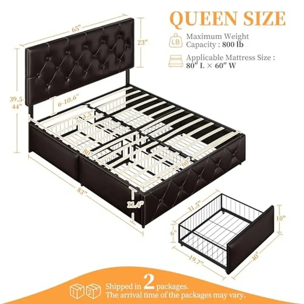 Queen Upholstered Platform Bed Frame with 4 Drawers Adjustable Headboard Faux Leather Storage Modern Style Easy Cleaning Squeak