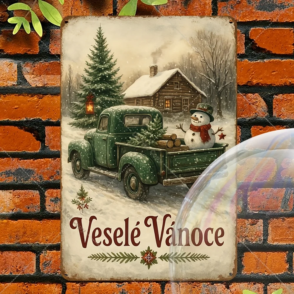2D Flat, Vintage Czech Winter Snow Scene Metal Wall Decor - Green & Golden Retro Czech Republic Sign Suitable for Home, Bar, Gar