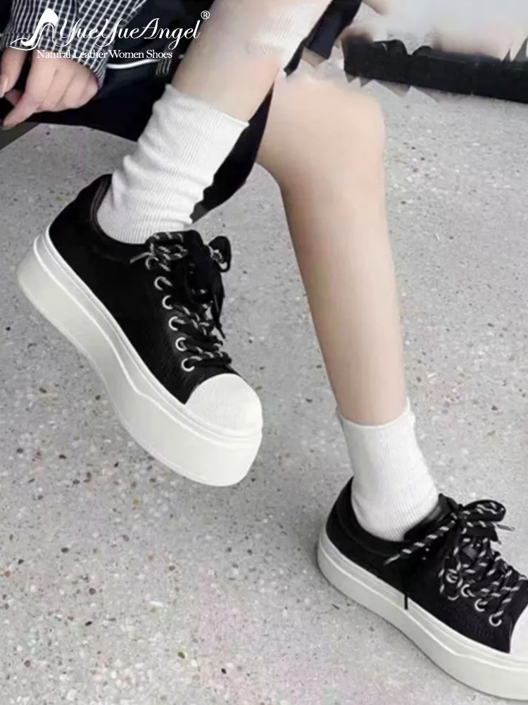 

Youth Female Genuine Leather Platform Concise Height-Increasing Pumps Mixed Color Cowhide Round Toe Casual Cross-Tied Footwear