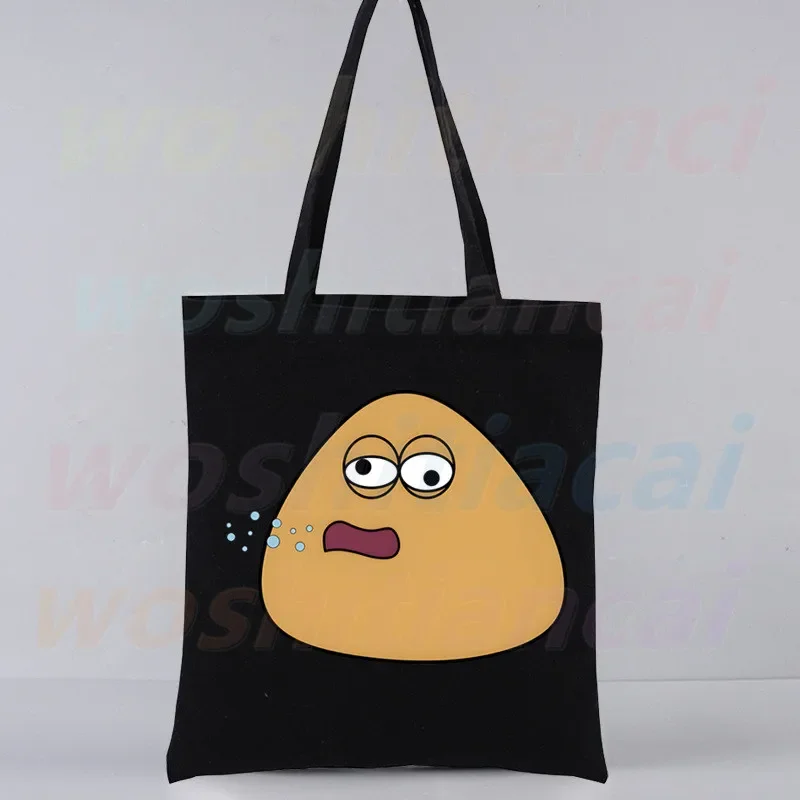 Hot Game My Pet Alien Pou Black Canvas Bag Casual Large Hand Bags For Women Ladies Shopping Handbag Print Large Capacity Bag