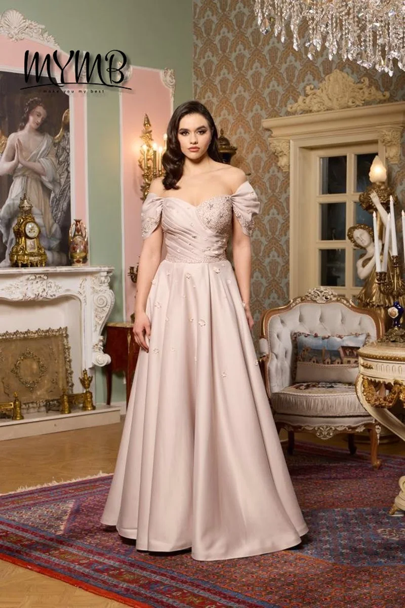

MYMB Romantic Classy Pink Off Shoulder Evening Gown With Floral Applique Sequin Bodice a Line Dress for Wedding Parties MB40440