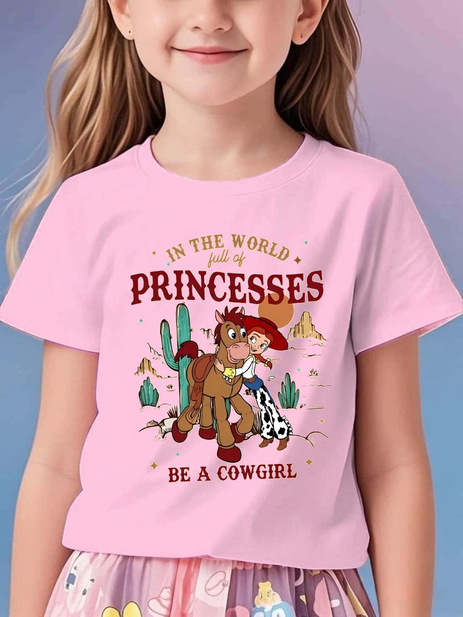 ديزني الوردي راعية البقر الجرافيك الفتيات تي شيرت قصير الأكمام القطن المحملة الاطفال الكرتون ديزني Y2k بلايز فتاة تي شيرت ملابس الأطفال