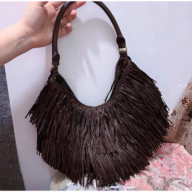 Vintage-Handtasche mit Quasten, Damen-Hobo-Fransen-Unterarm-Schultertasche, Designer-Retro-Freizeit- und Alltagstasche, Kaffeebraun – Detail 5