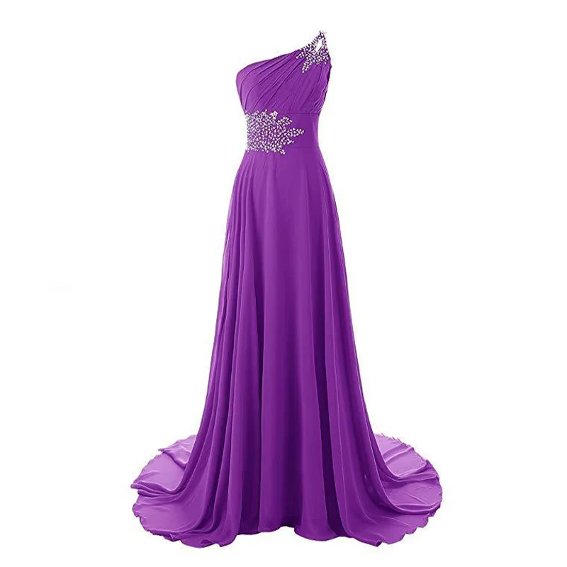

Purple Chiffon Crystal Wedding Party Dress Long Shoulder ALine Elegant Unique Bridesmaid Dresses Customizable Vesidos De Festa