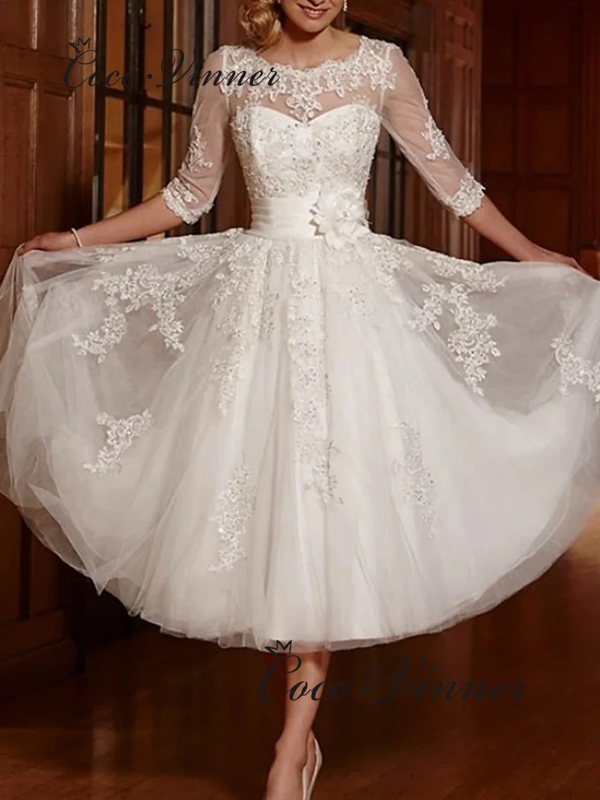 

Customized Half Sleeves Short Wedding Dress A line Button Back Lace And Tulle Countryside Bride Dresses BOHO W1109