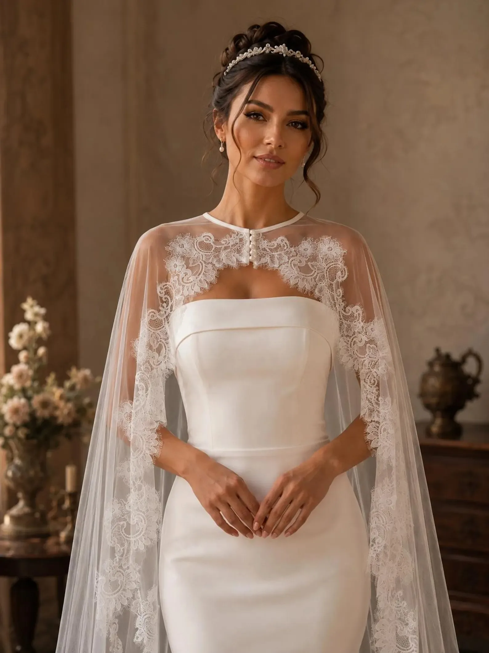 Luxury Ivory Sheer Tulle Bridal Cape with Floral Lace Applique and Pearl Button Front Women Wedding Shoulder Customized P264332