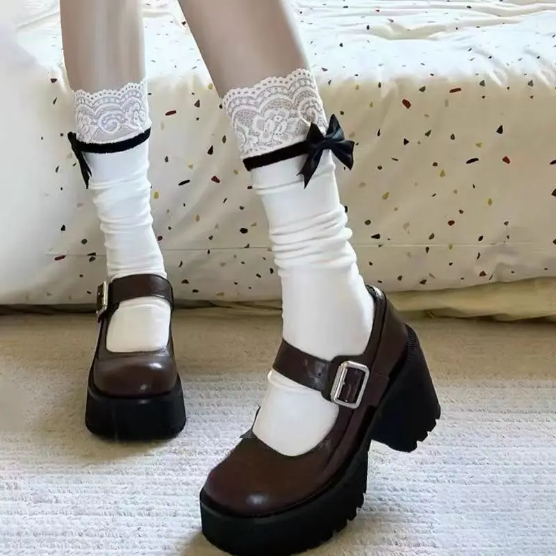 1/2 Pair Lace Bow Women Long Socks Fashion Korean JK Sweet Style Soft Comfortable Breathable Simple Four Seasons Casual Socks