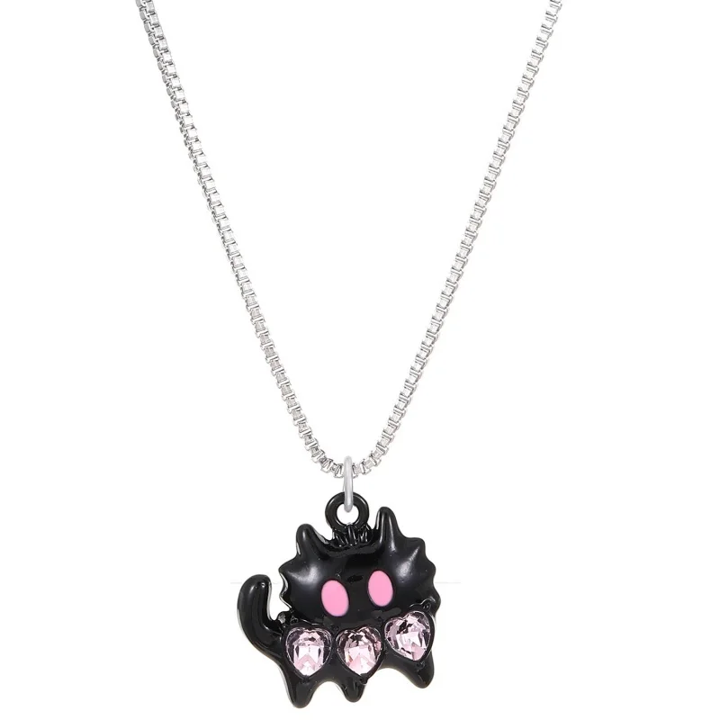 5-piece Y2K pink necklace set, black cat spiral star, pink cross shaped pendant, silver box chain, stackable women's jewelry