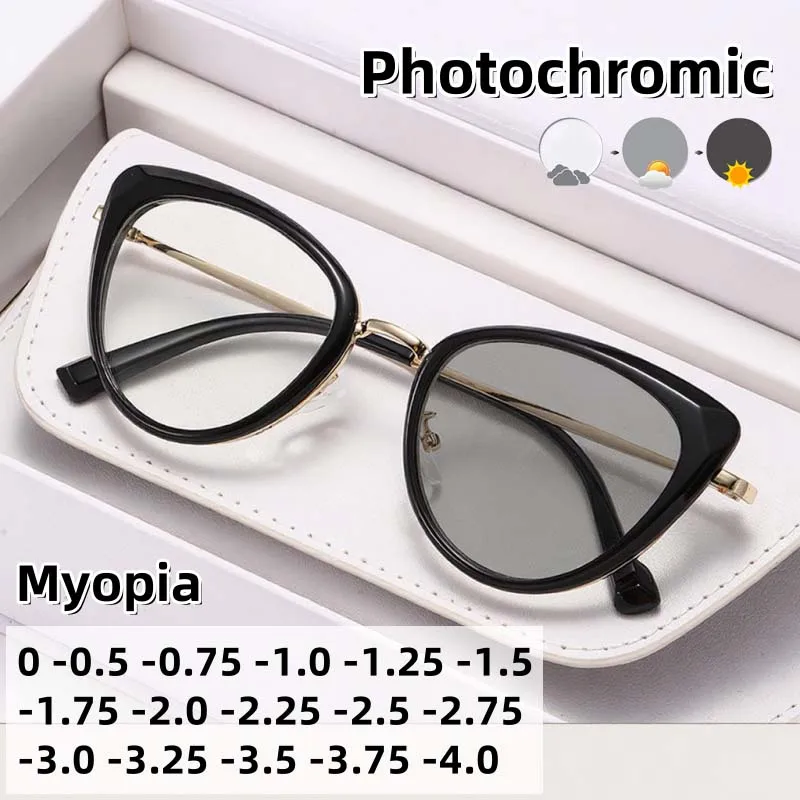

Metal Retro Cat Eye Photochromic Myopia Glasses Fashionable and High-end Large Frame Anti Blue Light Glasses Diopter To +4.0