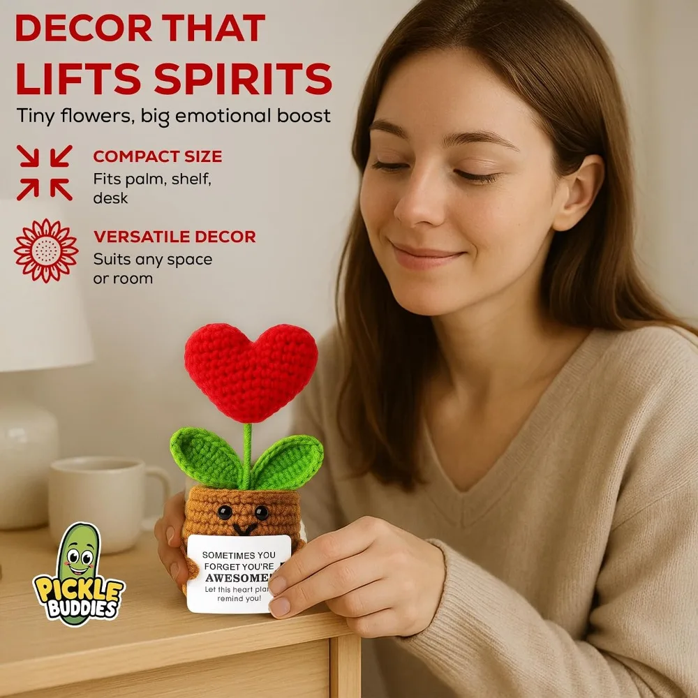 Handmade Crochet Emotional Support Heart Plant Knitted Desk Decor with Positive Card Stress Relief Gift for Friends Coworker
