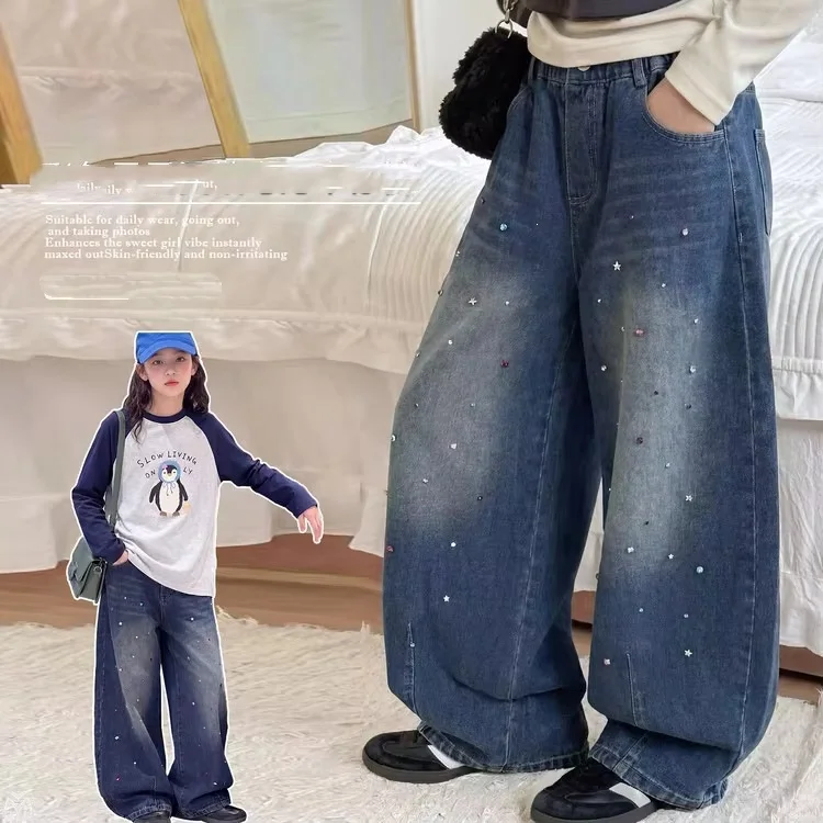 2026 Autumn New Arrival Korean Trendy Girls Long Jeans Teens Children Colorful Rhinestone Decor Casual Sports Denim Pants