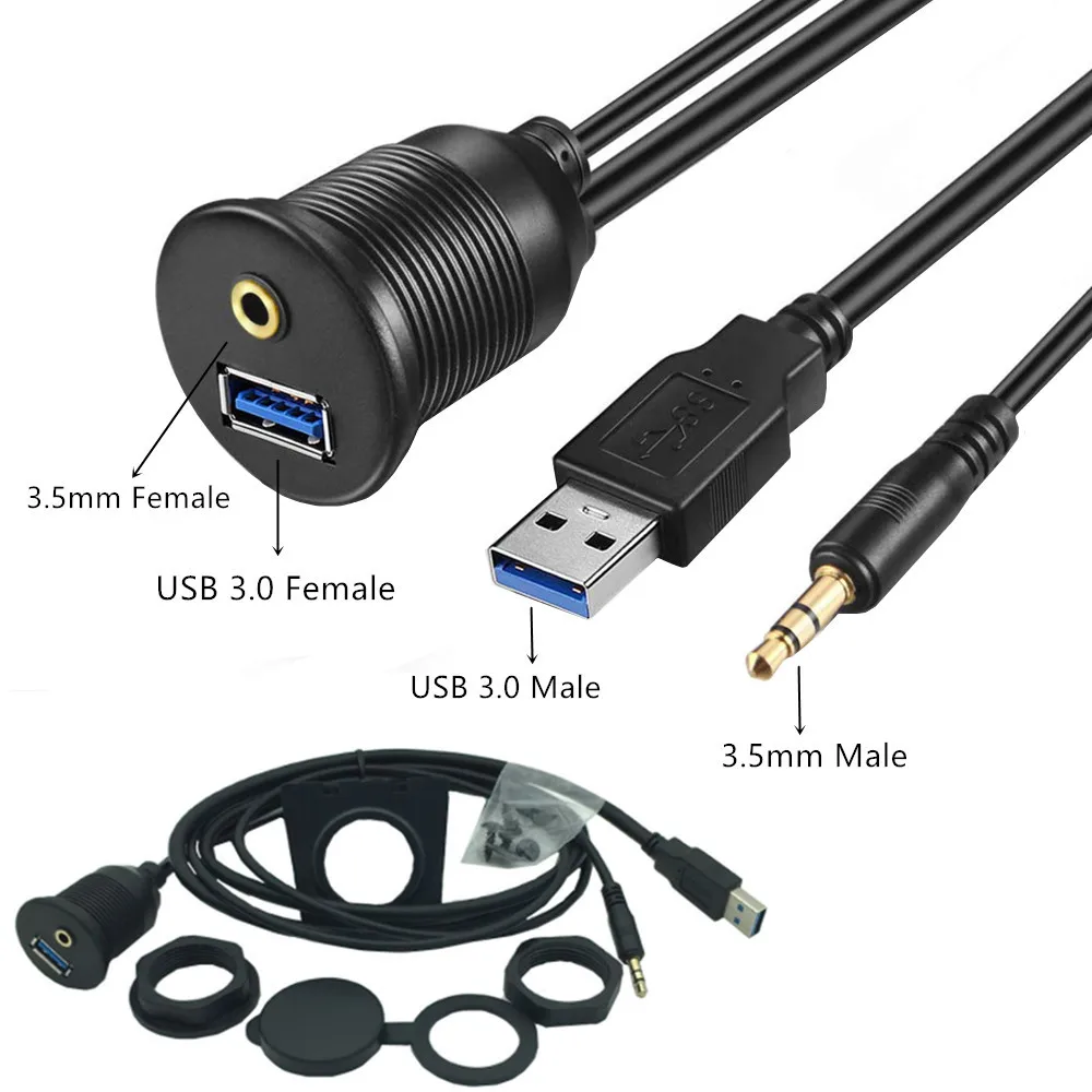 USB Flush Mount Panel USB 2.0 USB 3.0 3.5mm Extension 3.5 Mm Jack Dashboard Waterproof Line Cable For Car Motorcycle