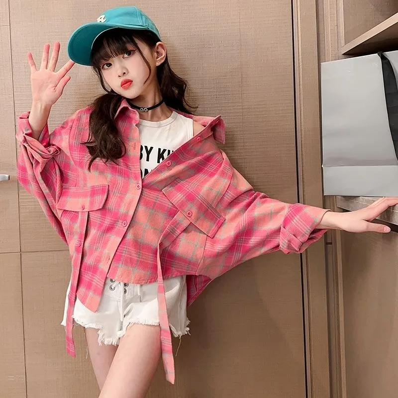 

Korean Style Girls' Plaid Long Sleeved Shirt Spring Autumn Children's Blouse