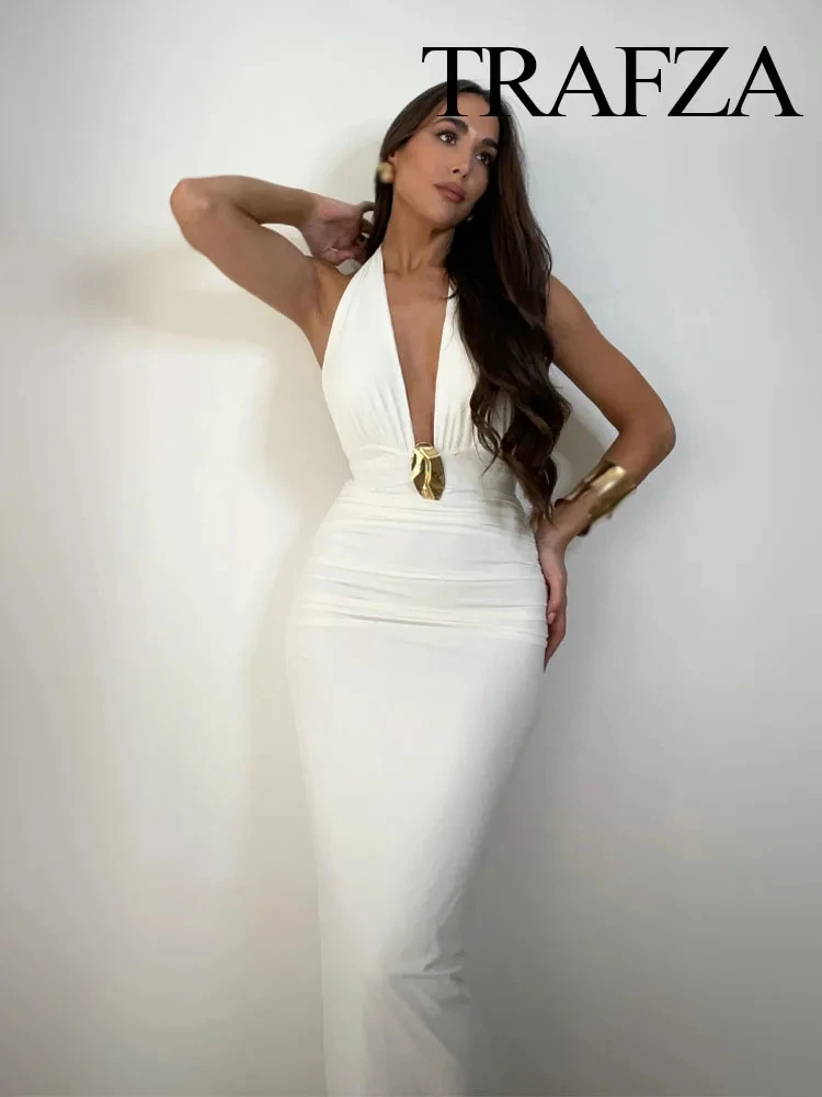 

TRAFZA Summer New Fashion Women Sexy Dress White V-Neck Sleeveless Backless Dresses Female Beach Style Woman Slim Long Dress
