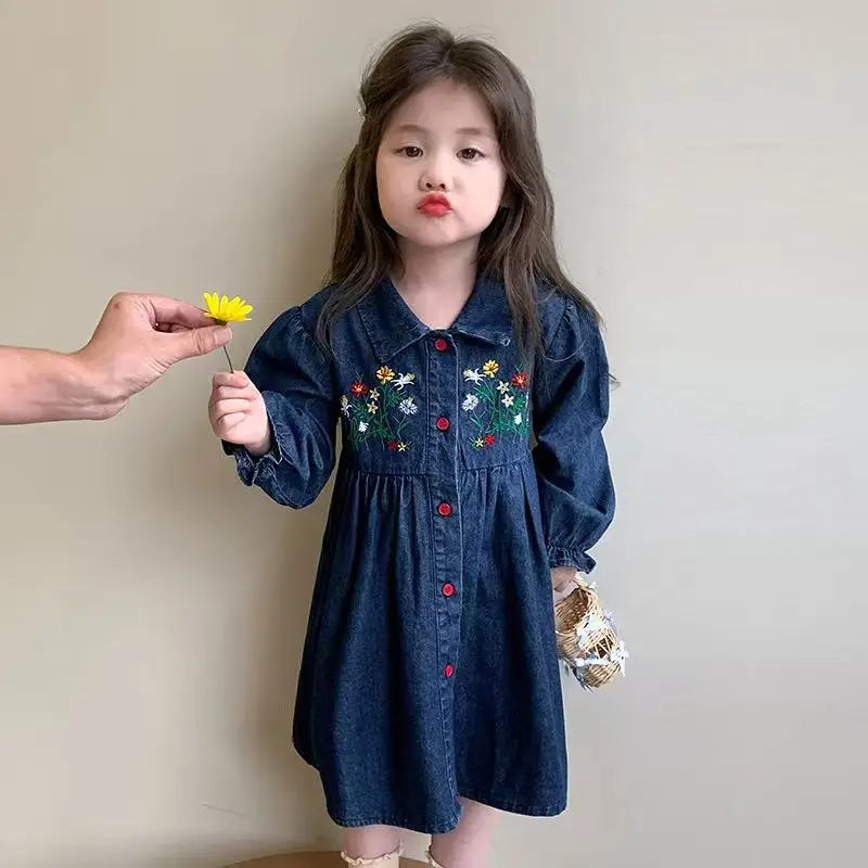 الأطفال الفتيات زهرة التطريز الدنيم اللباس رفض طوق واحدة الصدر الاطفال فتاة اللباس فضفاضة طويلة الأكمام فستان الأميرة