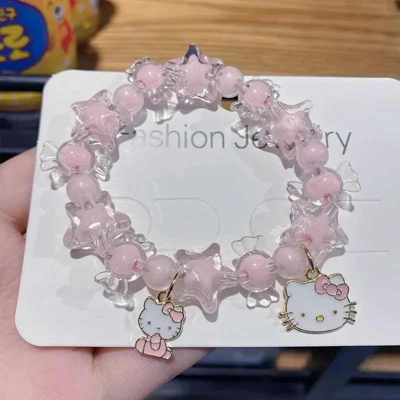 Sanrio Hello Kitty Crystal Beads Bracelet Cinnamoroll Melody Cartoon Pendant Bracelets Cute Jewelry Accessories for Girls Gifts