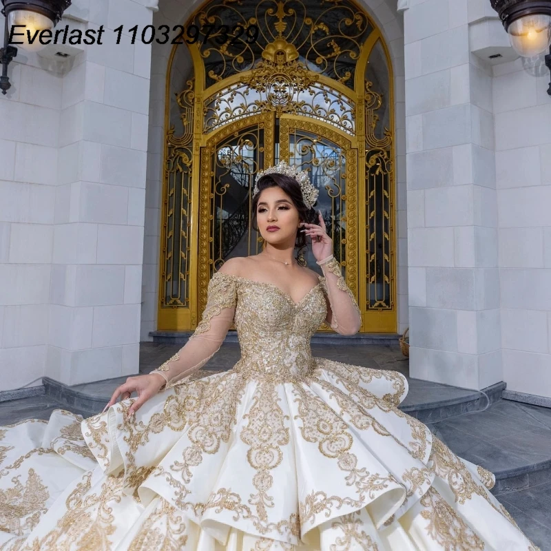 EVLAST Customized White Long Sleeve Quinceanera Dress Ball Gown Gold Lace Applique Beaded Sweet 16 Vestidos De 15 Años TQD855