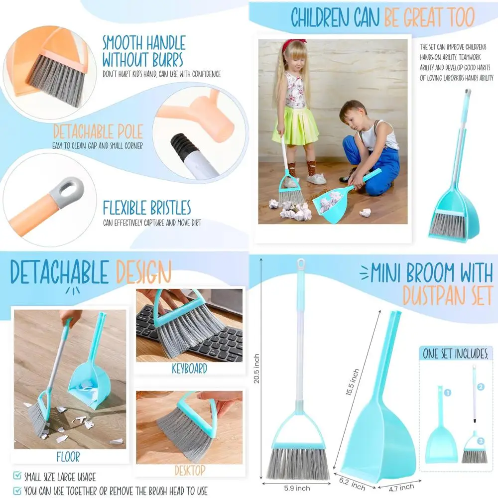 

Children's Mini Broom and Dustpan Set - Toddler Cleaning Tools in Blue and Red for Home and Pet Areas