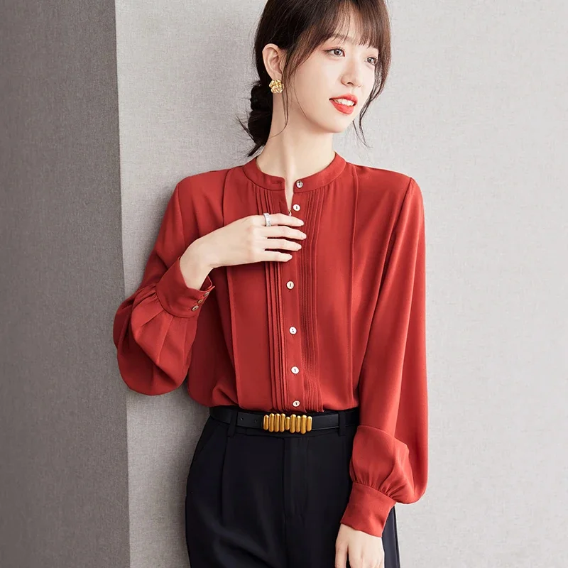 Office Lady Elegant Solid Color Pleated Commute Top for Women 2025 Spring Autumn Long Sleeve Single-breasted Slim Causal Blouse