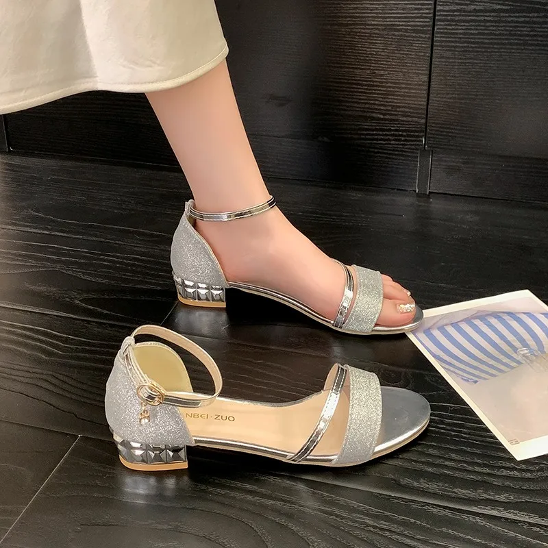 

Women Sandals Summer Heels Casual Shoes Women's Open Toe Summer Gold Shoes Square Female Ankle Strap Low Heels Footwear Woman