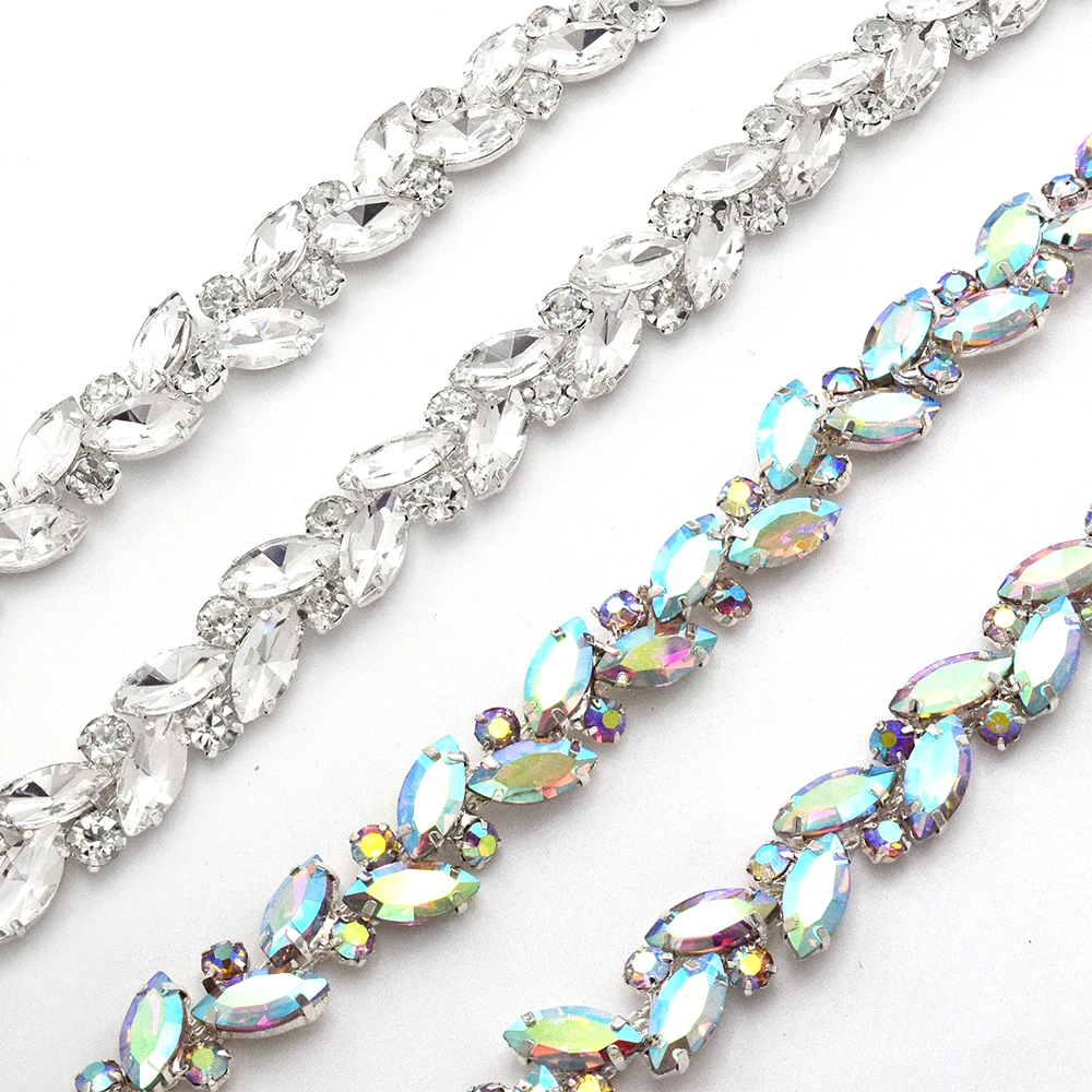 1 Yard Leaves AB Color Glass Crystal Chain Rhinestone Trim Plat Silver Crystal Chain Decoration Wedding Dress Accessories ML108