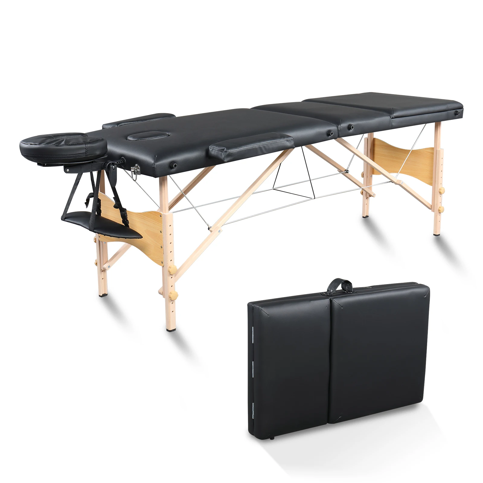 84 Inch 3 Sections Folding Portable Massage Table Beech Leg Beauty 60CM Wide Adjustable Height Massage Bed Black[US-Stock]