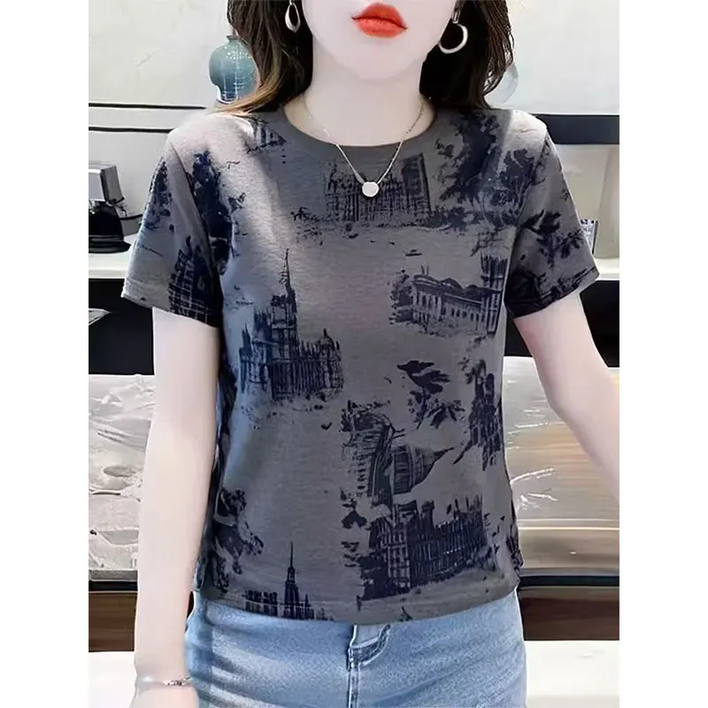 High-End Korean Goods T-Shirt Guangdong Guangzhou Thirteenth Factory Women's Summer Casual Style Cotton Short Sleeve Crew Nec...