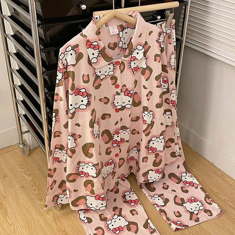 Cute Sanrio Hello Kittys Pajamas Kawaii Anime Cotton Pink Leopard Printed Home Long Sleeved Cartoon Pajama Set Toys Girl Gifts