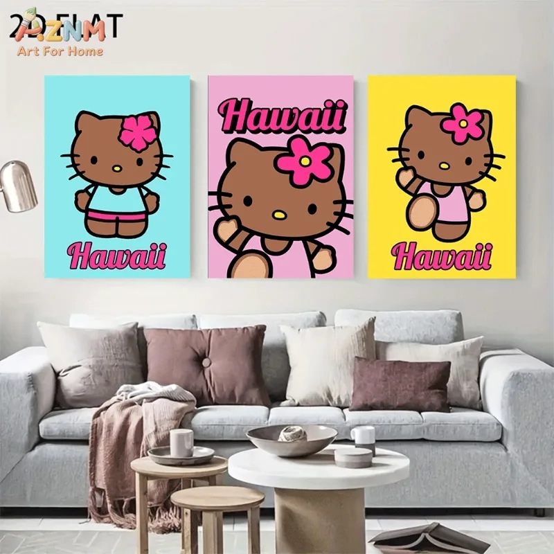 Unframed Brown Hello Kitty Canvas Wall Art Hawaii Hibiscus Flower Summer Cartoon Poster Girls Bedroom Decor Gift For Sanrio Fans
