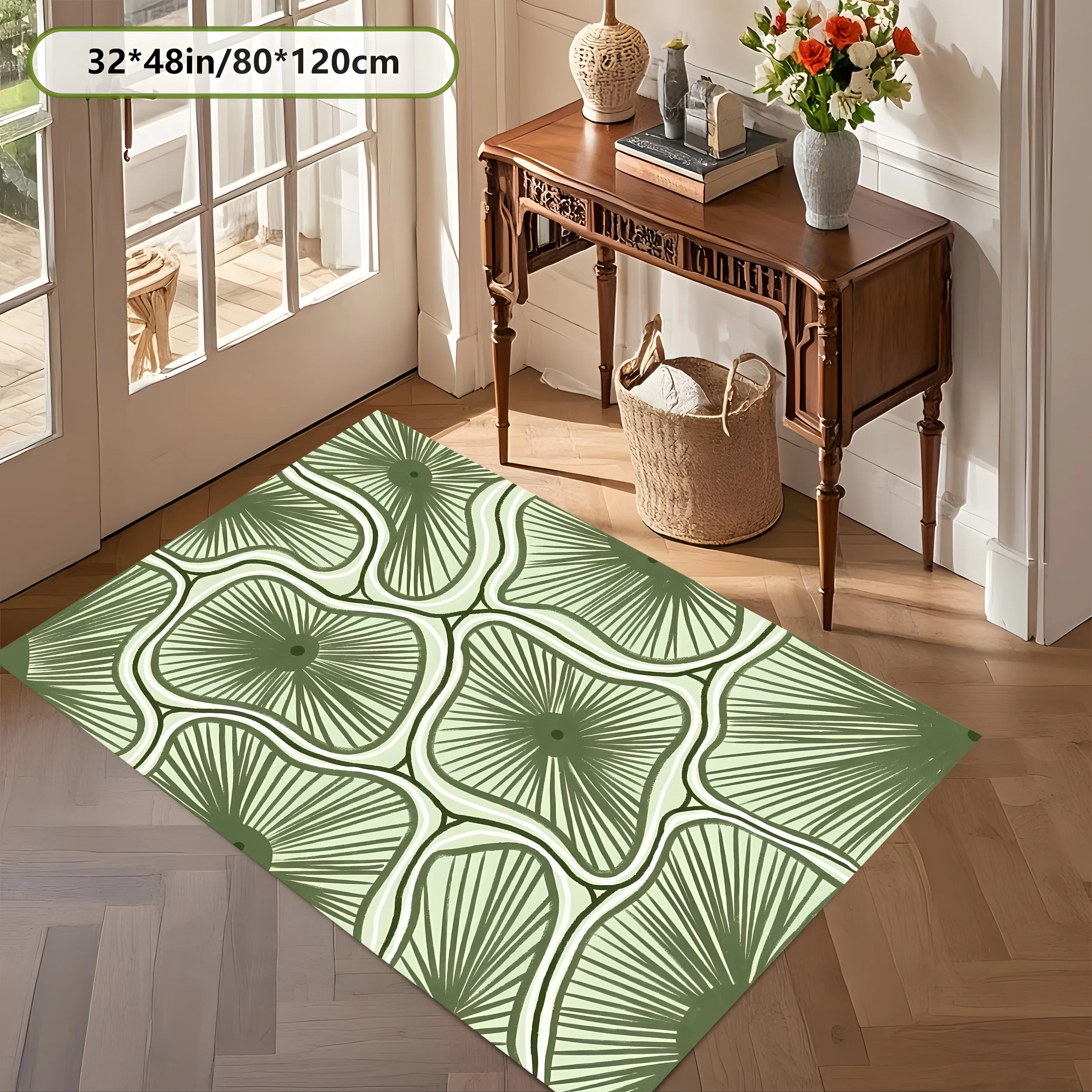 2D Large Carpet Green Abstract Radiating Lotus Leaf Light Retro for Living Room Bedroom Coffee Table Bedside