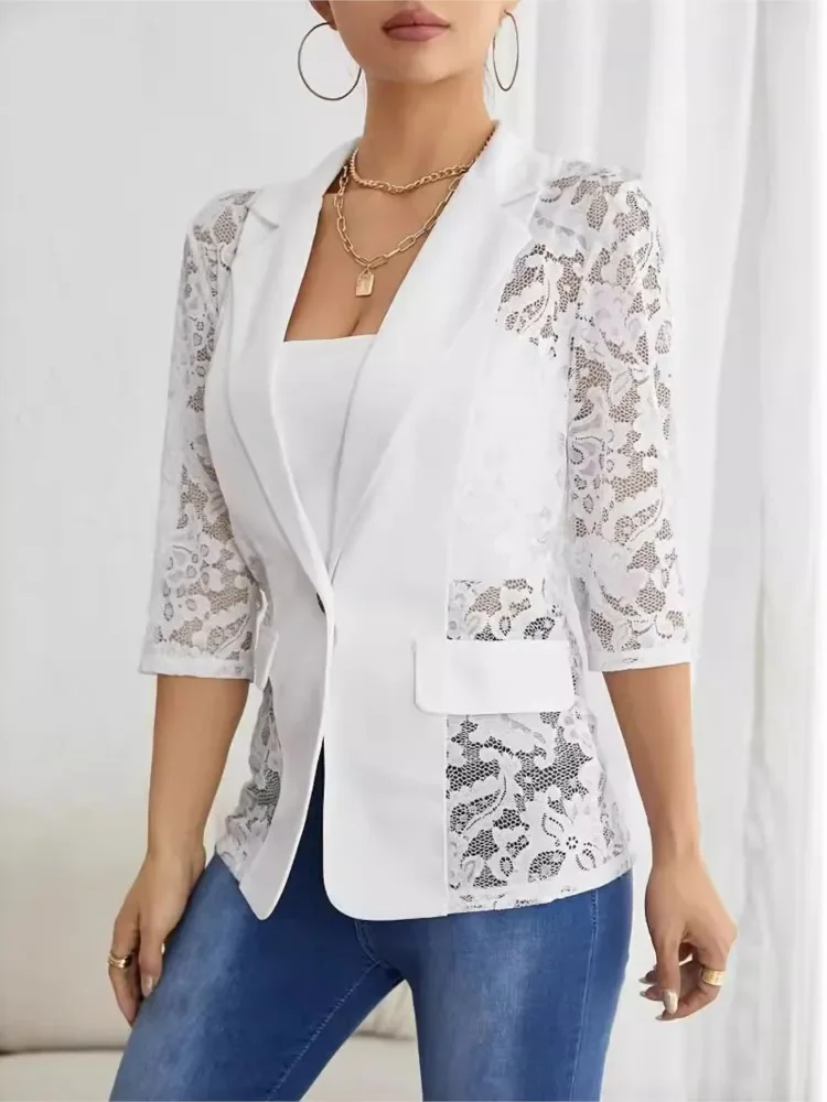Elegant Work Blazer Coats For Women  Spring Summer Fashion Lace Notched Collar Slim Coat White Black Casual Women's Jacket