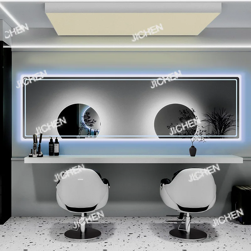 Espejo largo colgante Horizontal para barbería, espejo largo con lámpara, área permanente y teñido para peluquería, cabello de celebridades de Internet