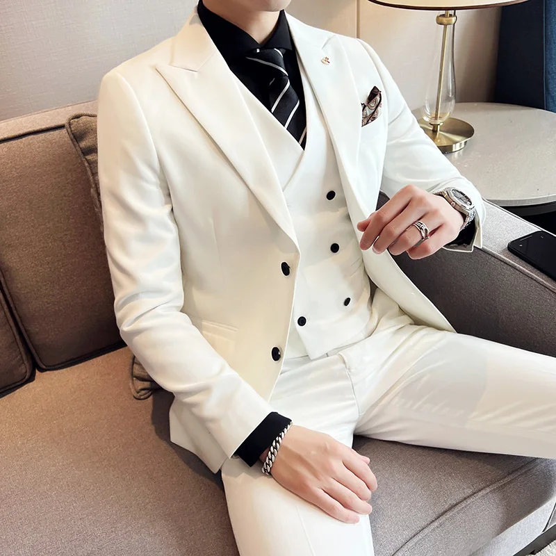 

New Men's Suits Advanced Slim Casual Solid Color Double-breasted Suit Men's Wedding Suit (jacket+waistcoat+trousers) Size 5XL