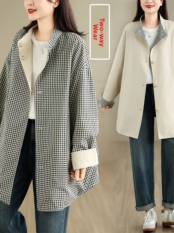 Authentic British Style Women's Mid-Length Plaid Coat Jacket Stand Collar Autumn Season Single Button Cotton 100%