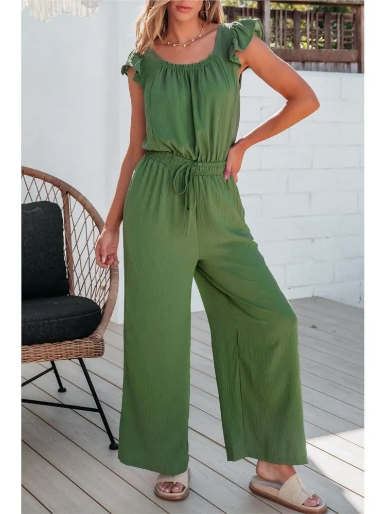 

Pleated Square Collar Jumpsuit Pocket Women's Sleeveless Lotus Leaf Sleeve Jumpsuit Summer Casual Waist Tie Lace Up Jumpsuit2025