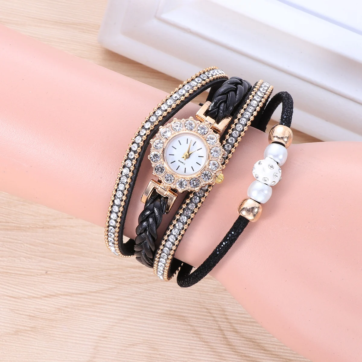 

Women Weave Watch Fashion Diamond-Studded Quartz Bracelet Multi-Layer Black Durable Party Wedding Gift For Her