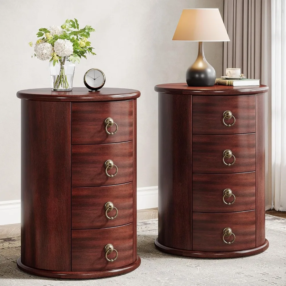 

rustic style solid wood round nightstand with four drawers, suitable for bedroom and living room