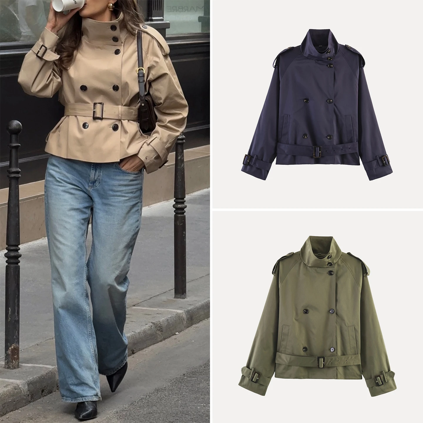Women's Fashionable Long Sleeve Stand Collar Button Decorated Belted Commuter Style Windbreaker 2026 New Summer Clothing