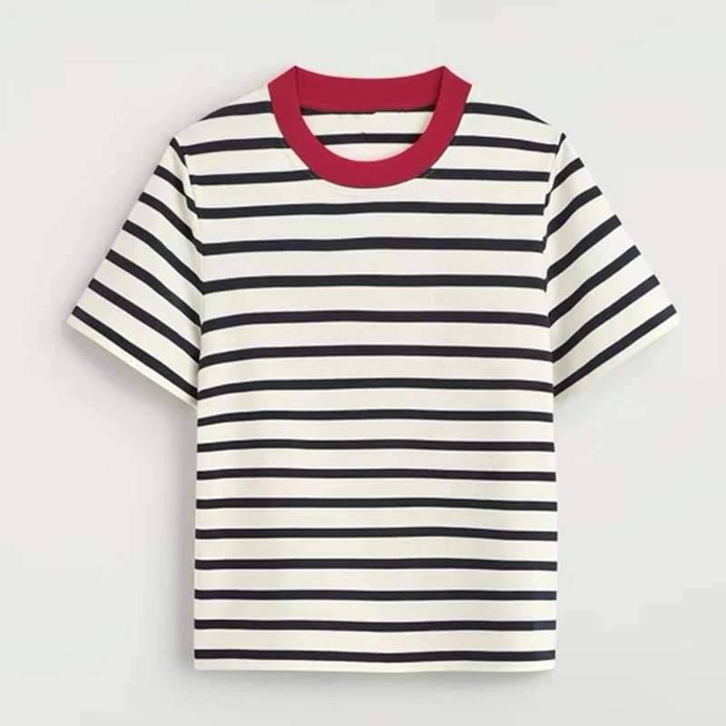 Maxdutti Nordic Minimalist Women's Standard Fit Soft  Round Neck Short Sleeved T-shirt With Red Stripes Summer T-shirt Woman Top