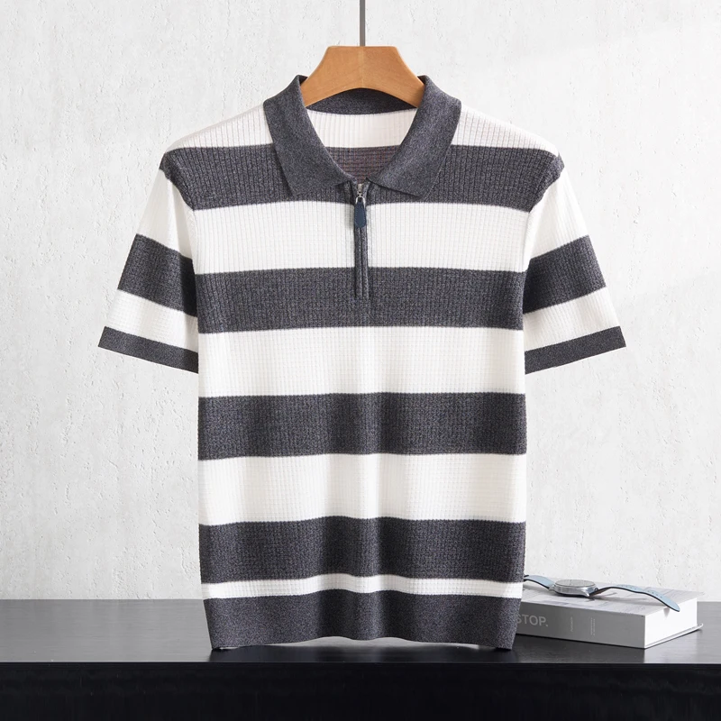 Men's Comfortable Breathable Stripe Polo T-Shirt Short Sleeve Half Zip Collar Fashion Basic Fit