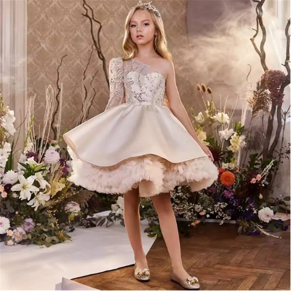 

2025 Flower Girl Wedding Dress One-Shoulder Bow Sequin Ball Gown Kids Performance Princess Birthday Party Pageant Gown