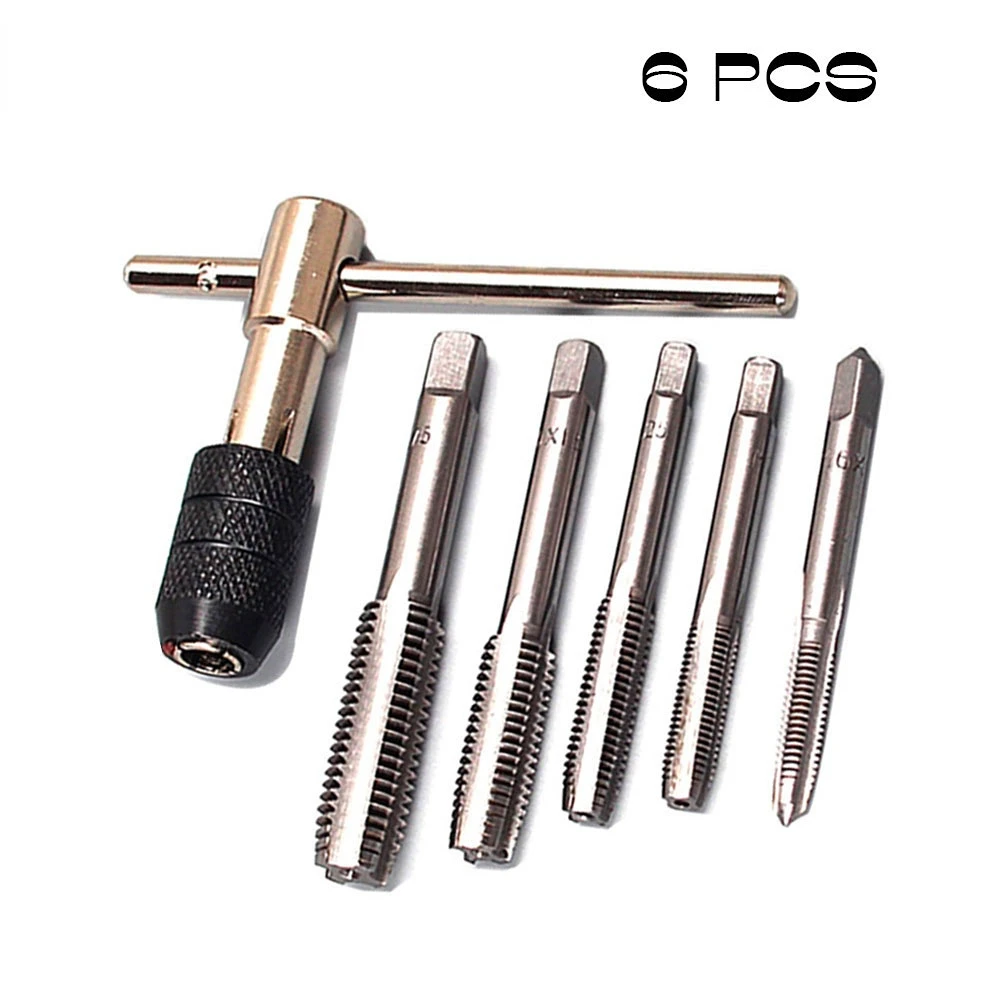 6Pcs Metric Thread Tap Drill Machine Screw Thread Plug Tap Drill Set Hand Tools M3 M4 M5 M6 M8 With T-type Wrench